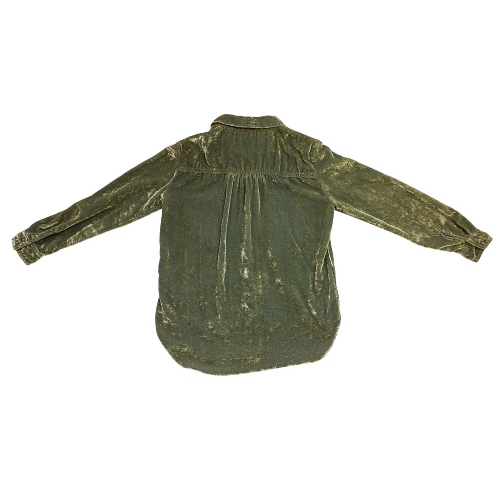 Anthropologie Maeve Green Karina Crushed Velvet Button Down Shirt Moss Petite 0P - Picture 2 of 10
